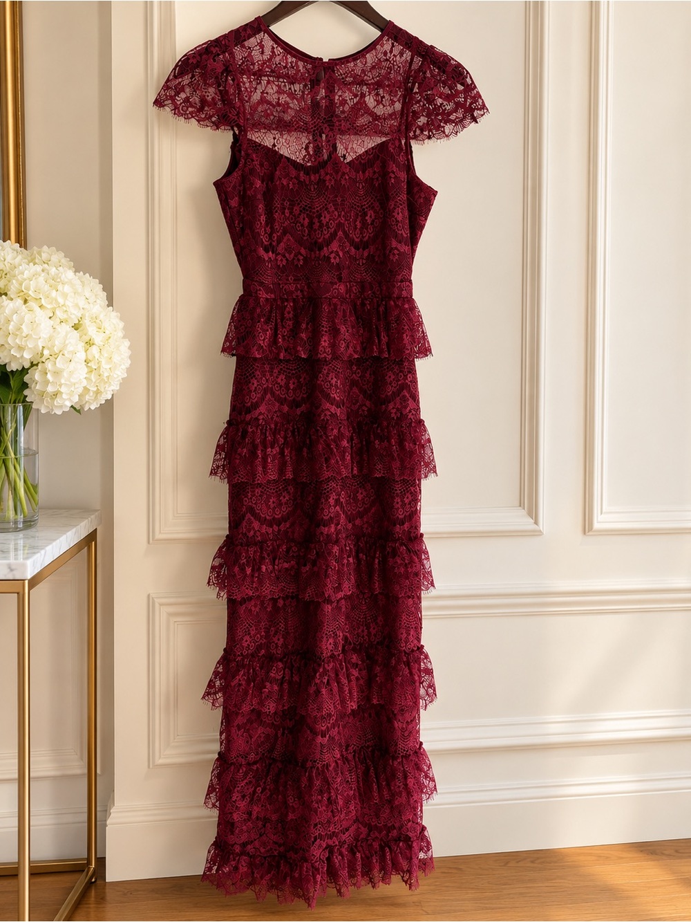Lulus Women's Lace Tiered Maxi Dress - Burgundy
